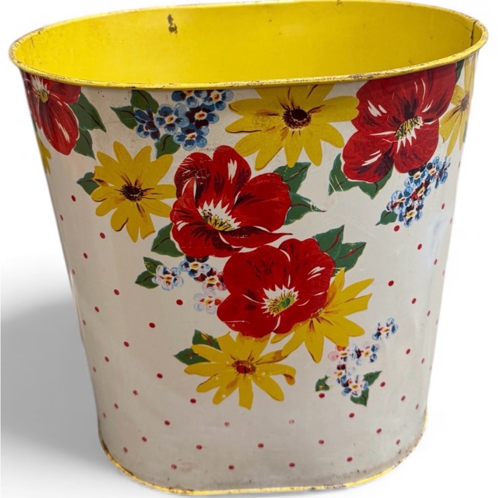 1950's Retro N.C. Color Ware Yellow & White Floral Metal Waste Bin - Picture 1 of 17